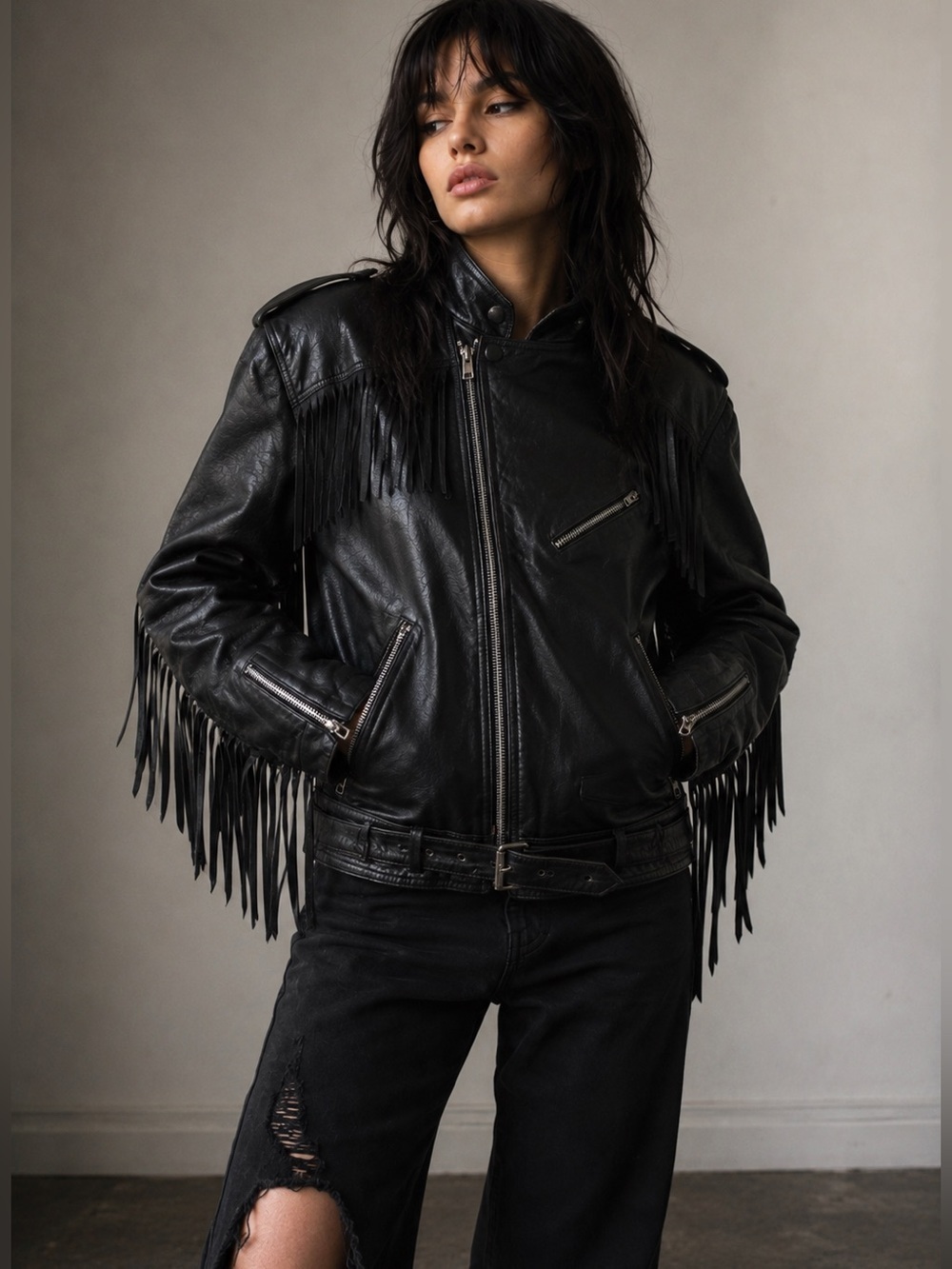 Vintage 80s Leather Fringe Jacket
Medium 22x27 Asymmetrical
Zipper Black - Picture 2 of 16